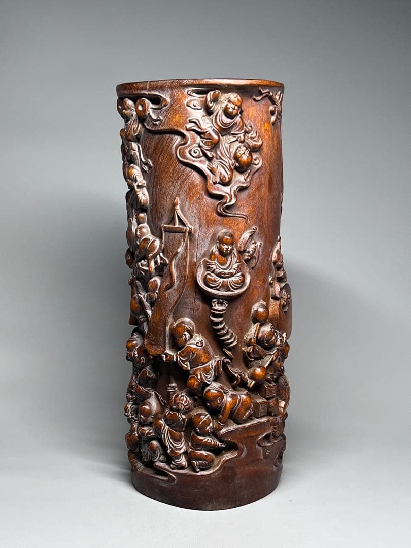 古美術　黄楊木　拓植　筆筒　筆立て　百子図　高浮彫　文房具　木製　置物　希少