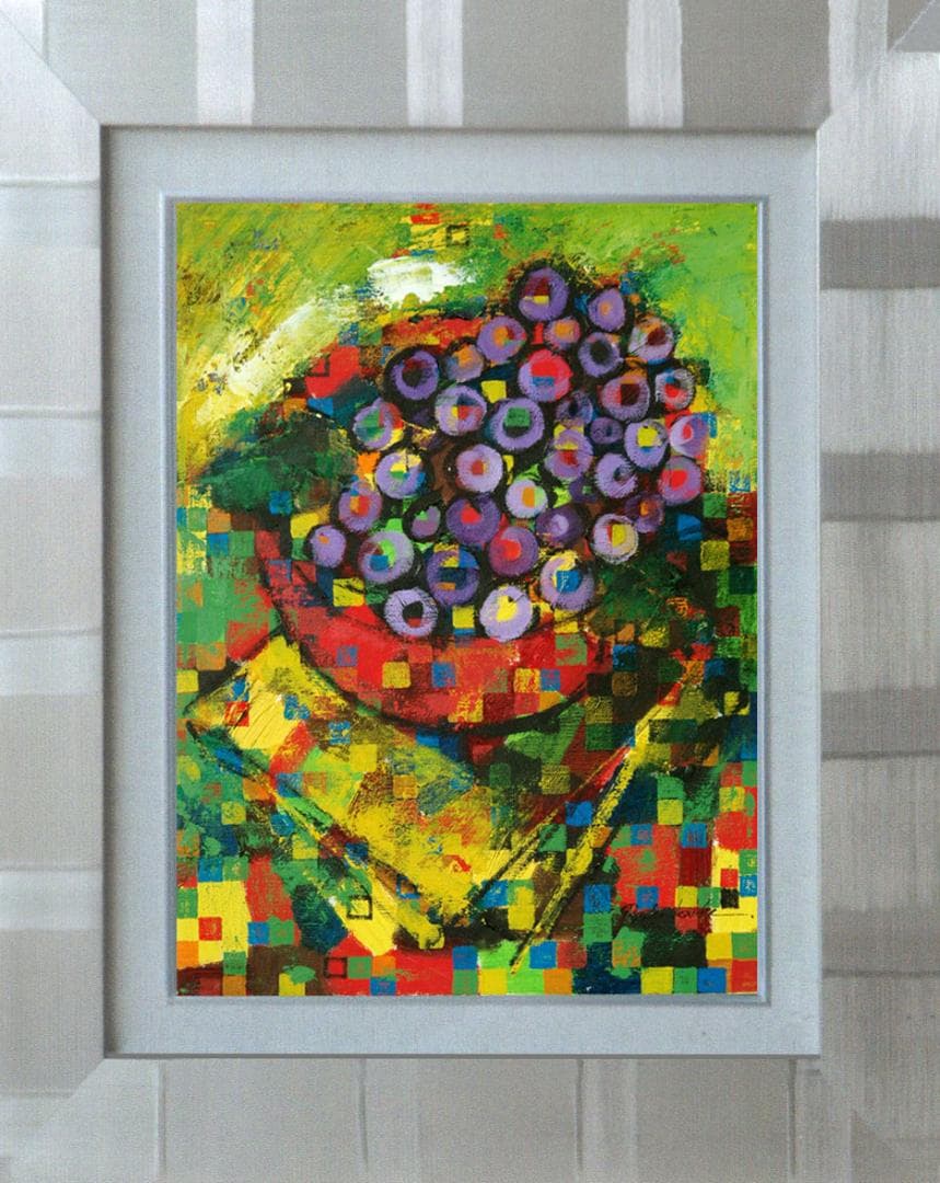 油絵 菅家令子絵 絵画インテリア額付(青緑＋金色の枠)uF6-063004ぶどう