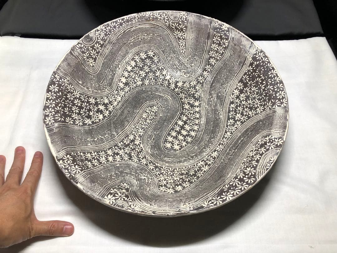 手造陶芸大盆。三島風陶芸。手造美術。茶道置物。美品。稀有。平成時代。舊家藏出。