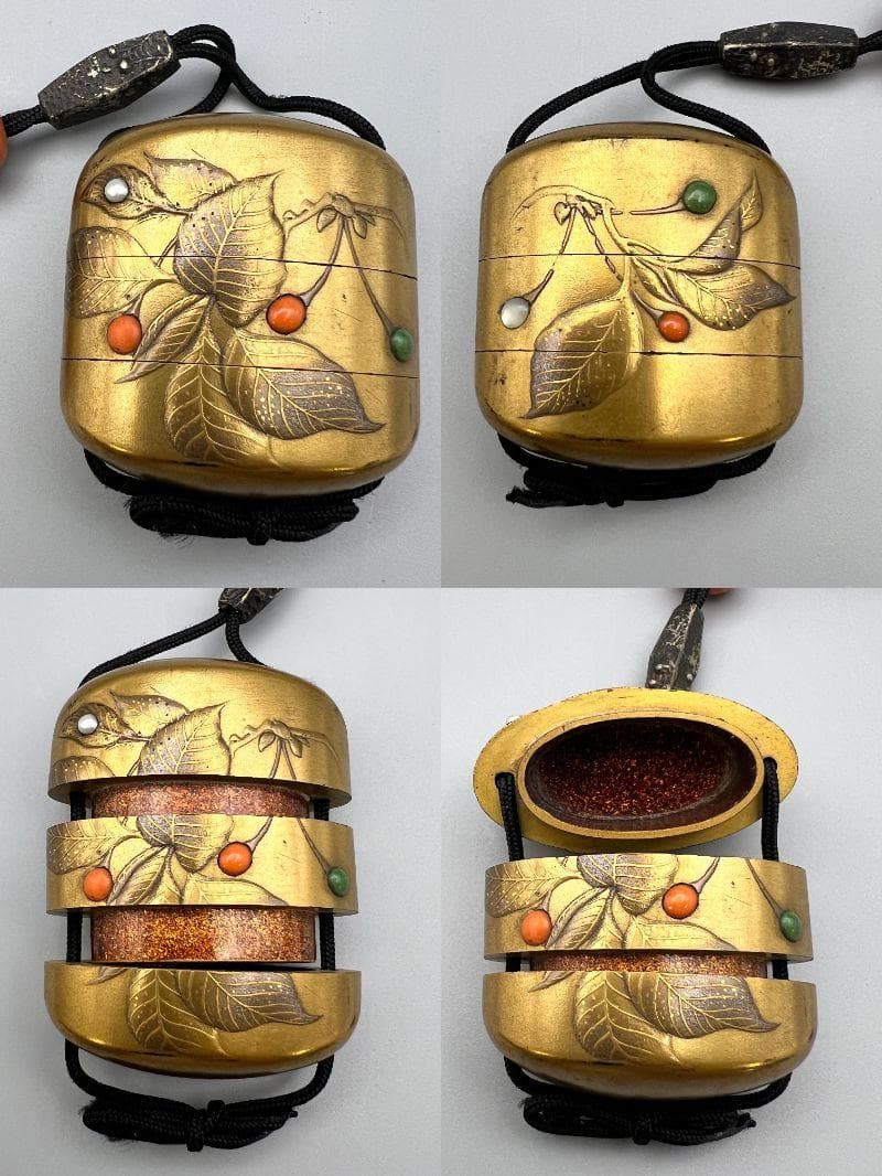 蒔絵三段印籠 在銘 花草蒔絵 金梨地 珊瑚翡翠真珠象嵌 牙根付 本珊瑚 緒締