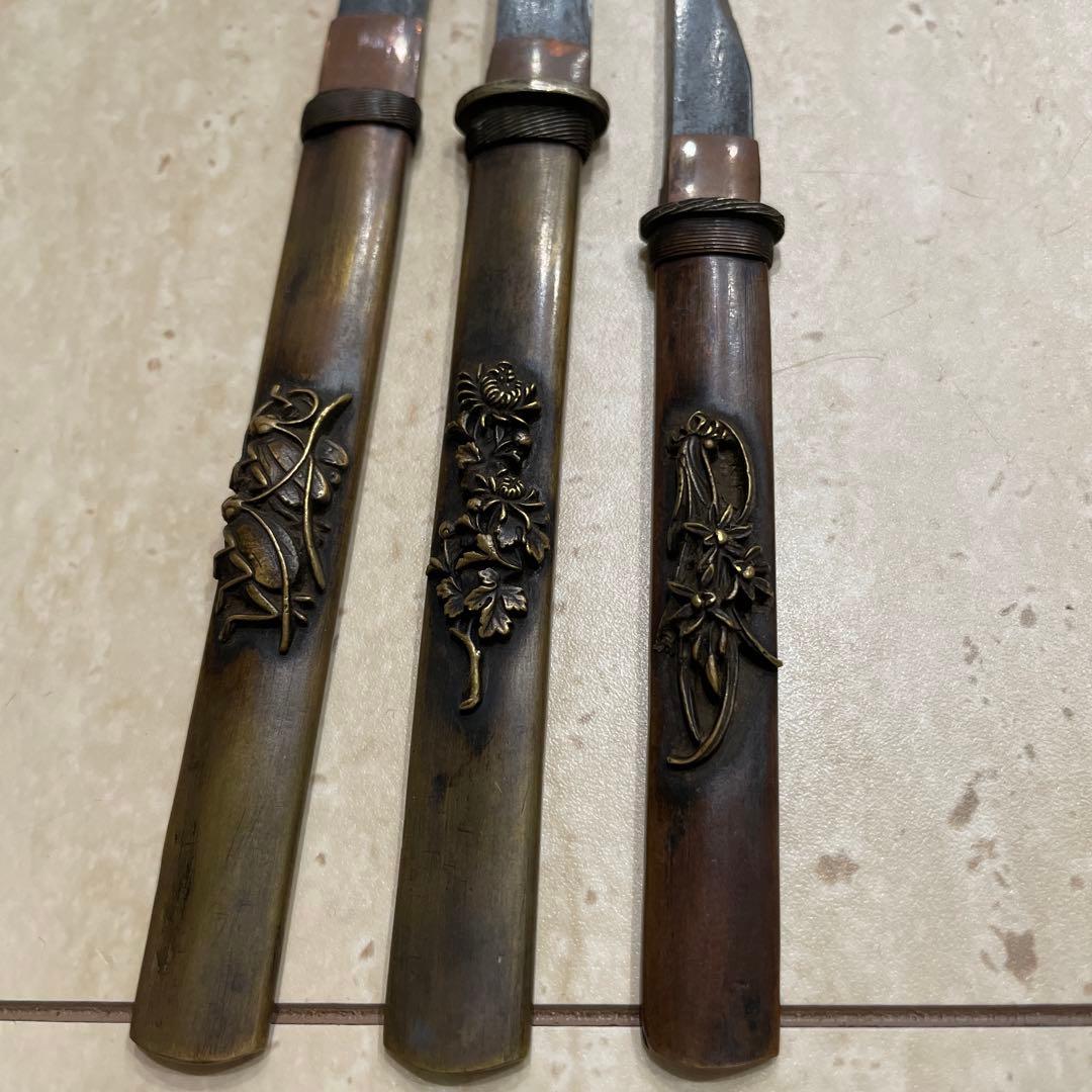 小刀 象嵌 小柄 虫花図 三本セット