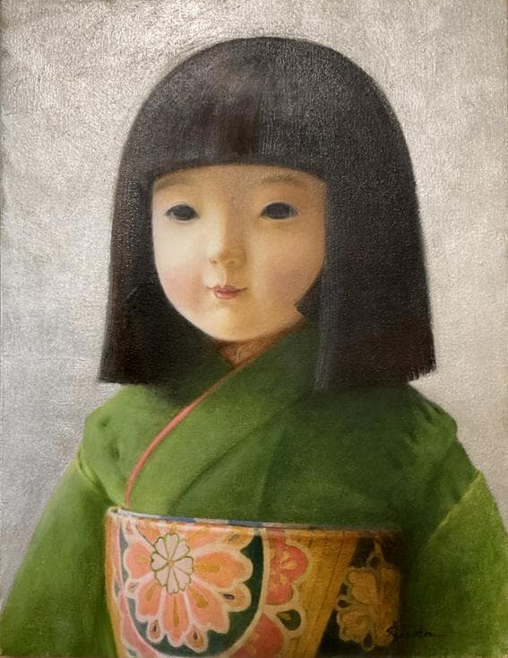 ❤️新作 油絵菅家令子絵画インテリア額(青緑＋金色枠)F6-010626市松人形