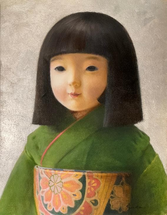 ❤️新作 油絵菅家令子絵画インテリア額(青緑＋金色枠)F6-010626市松人形
