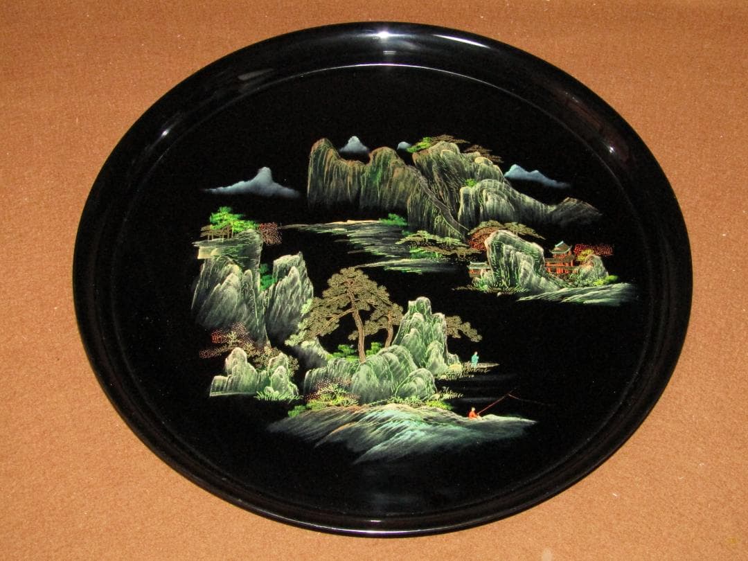 【中国漆器　山水図蒔絵　洋酒器揃　リキュールグラス・シェーカー・トレイ】未使用品