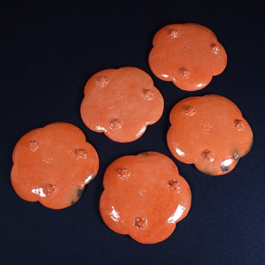 川崎和楽 赤楽 捻梅 銘々皿 5客 共箱