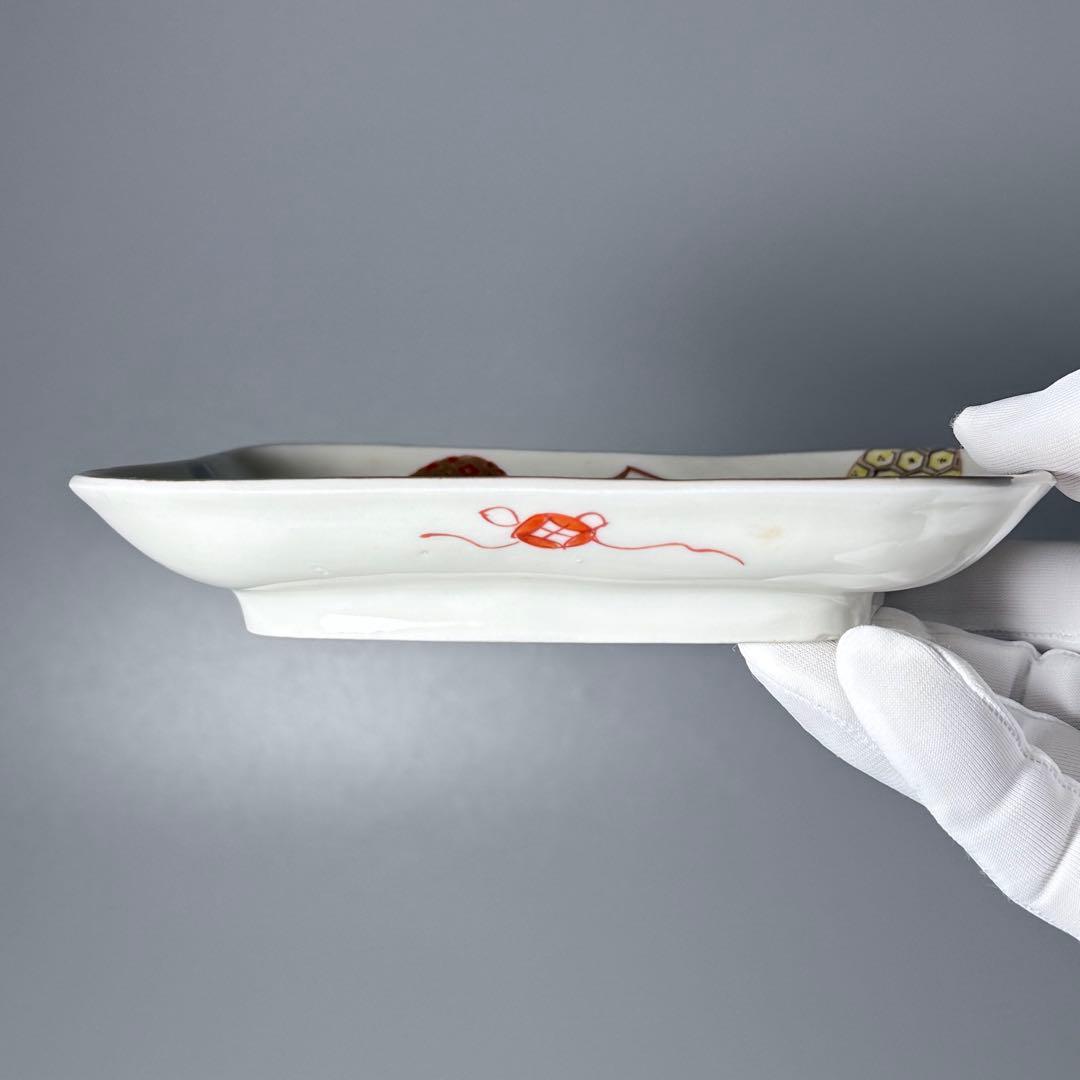 幕末〜明治期　古伊万里　色絵丸文様陽刻四方角皿　五枚　裏赤絵七宝文様　器を楽しむ