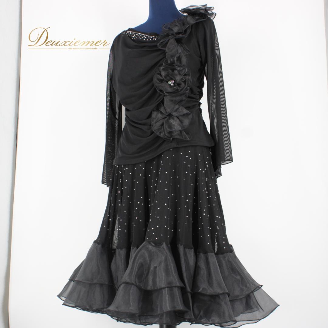 【美品 社交ダンス衣装】上下セット ICHIOKU 黒 ブラック ラインストーン