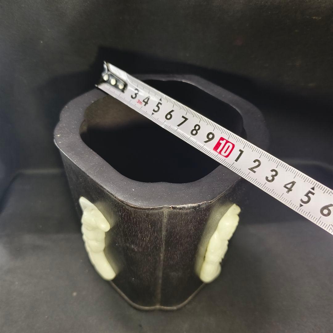 中国骨董 紫檀筆筒 白玉彫仕女図象嵌 古美術 アンティーク 旧家蔵出 蒐集家放出