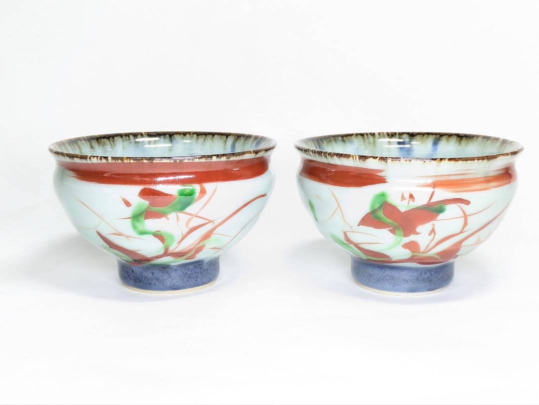 斉山窯 太田恵 作 赤絵 茶碗 一対