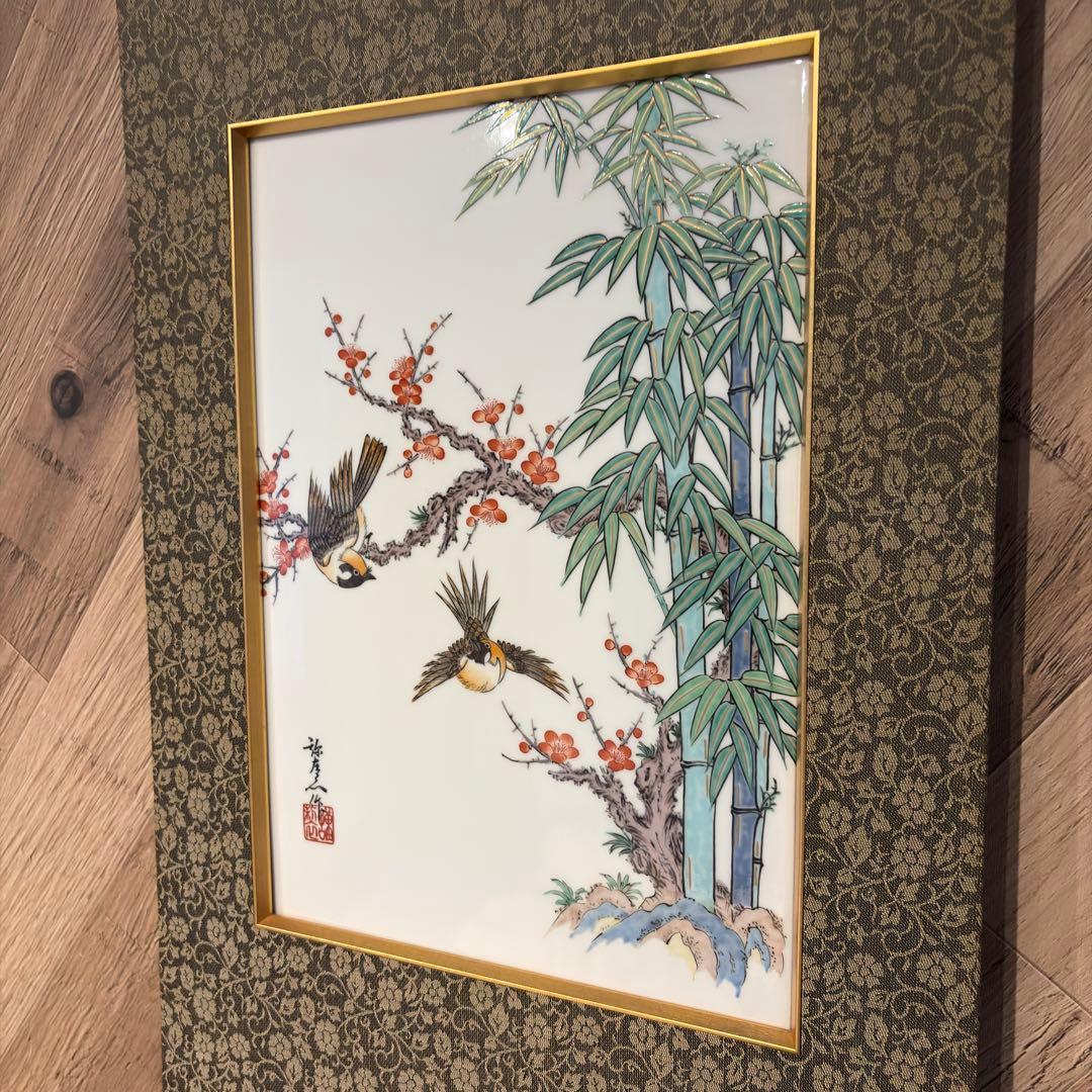 掛軸 陶磁画 応接間 玄関 茶室 書斎 装飾品 工芸品 置物 雀 鶉 梅 竹