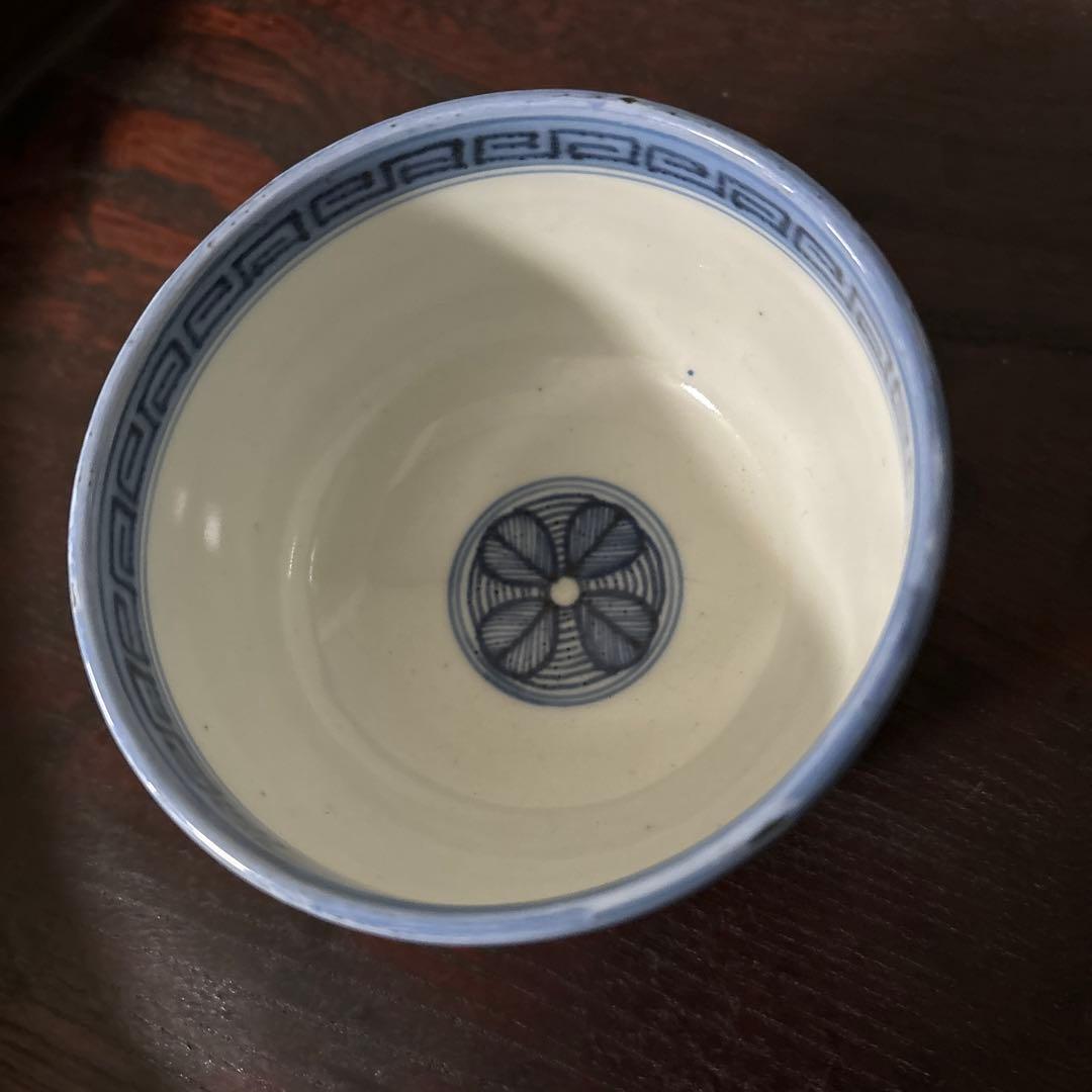 古伊万里幾何学紋染付　湯呑み1点　ころ茶碗　江戸時代　アンティーク　白磁　検李朝