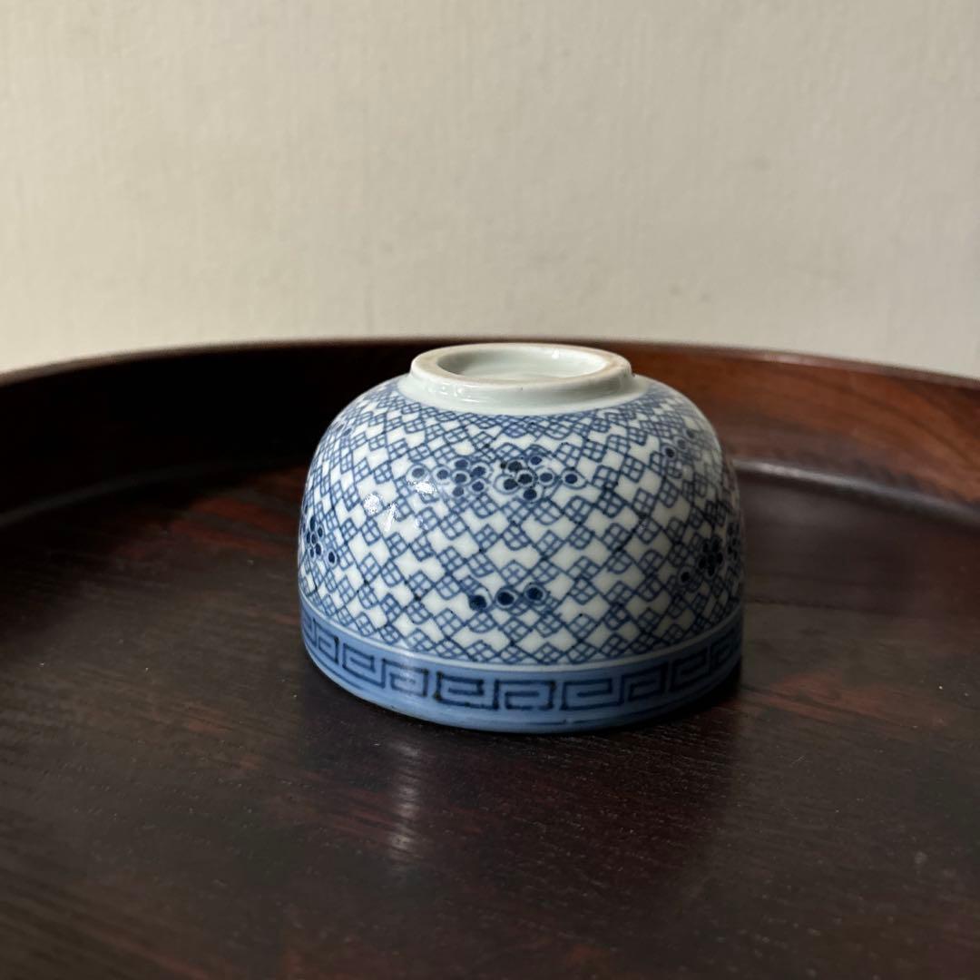 古伊万里幾何学紋染付　湯呑み1点　ころ茶碗　江戸時代　アンティーク　白磁　検李朝