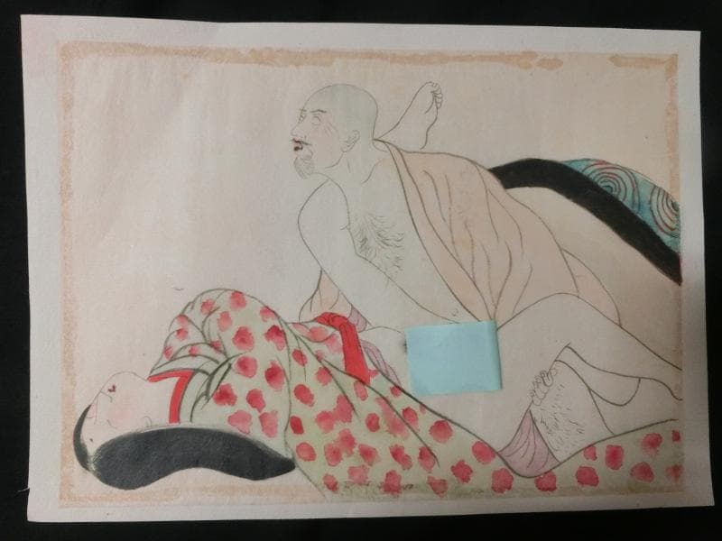 迫力の　誇張！　怒張！　大判 春画　手描き4枚　日本画 艶絵