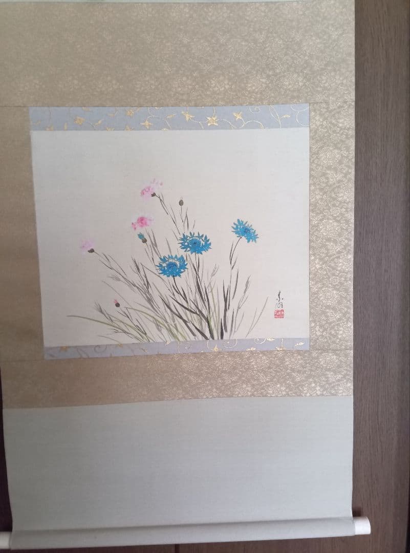 結城素明　題名矢車草　伊勢丹美術部シールあり　二重箱　共箱