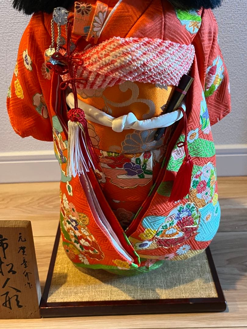 美品　河寿　元加章介作４８年前の小松人形 オレンジ正絹着物 黒髪