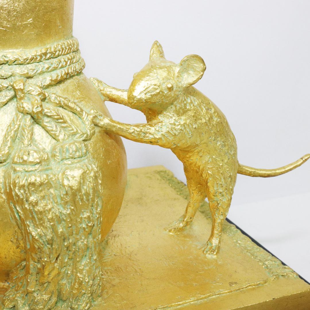 壽　富永直樹 ブロンズ 金箔仕上 鼠 瓢箪 台座 共箱 冊子 寿 置物