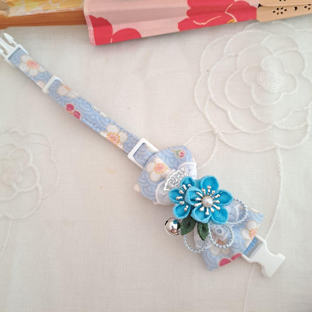 お正月、つまみ細工シングルリボン(水色)わんちゃん猫ちゃん用首輪