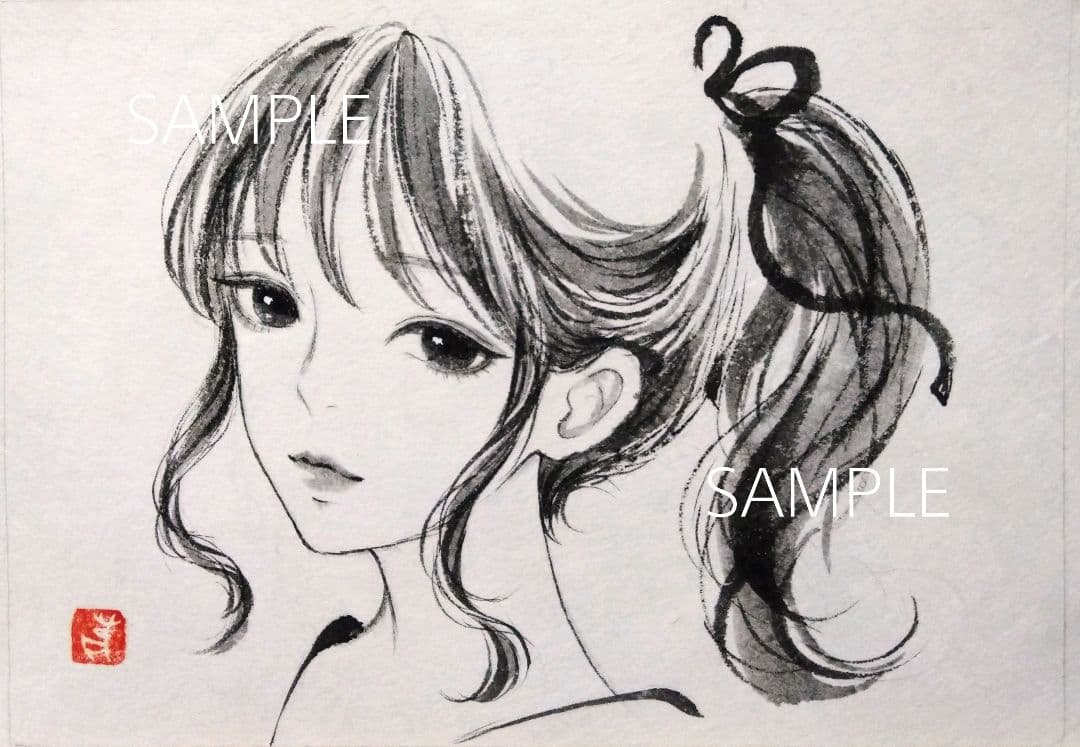 専用　絵画　日本画　水墨画　墨絵　美人画　ポニーテール　手描きイラスト