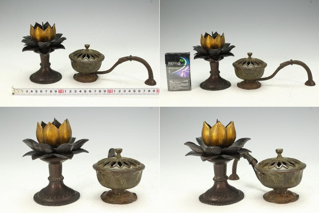 仏教美術 銅 蓮花 持香炉 蓮燭台 二件(K-LC970)