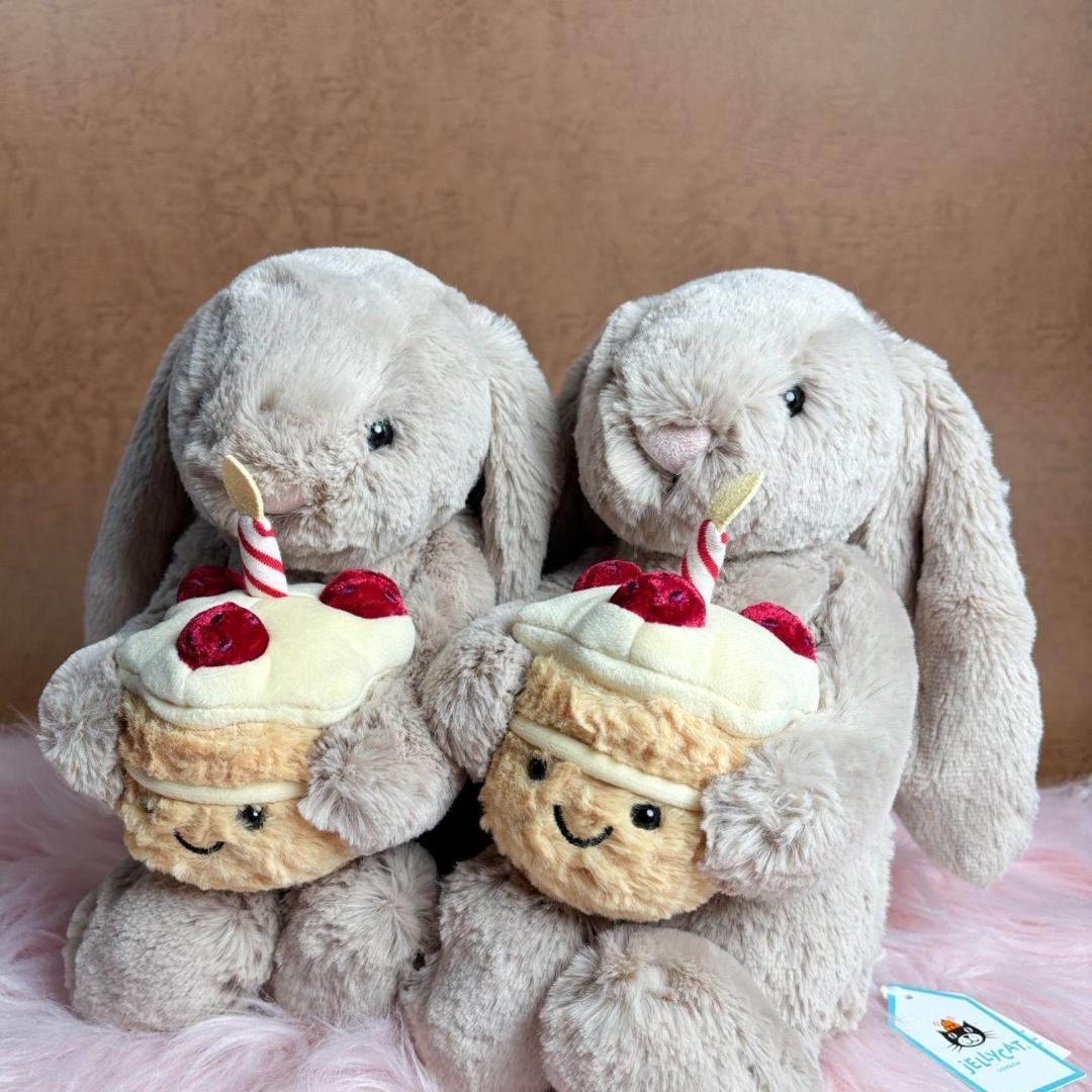 新品　ジェリーキャット　バシュフルバニーベージュ　誕生日ケーキ　ぬいぐるみ　袋付