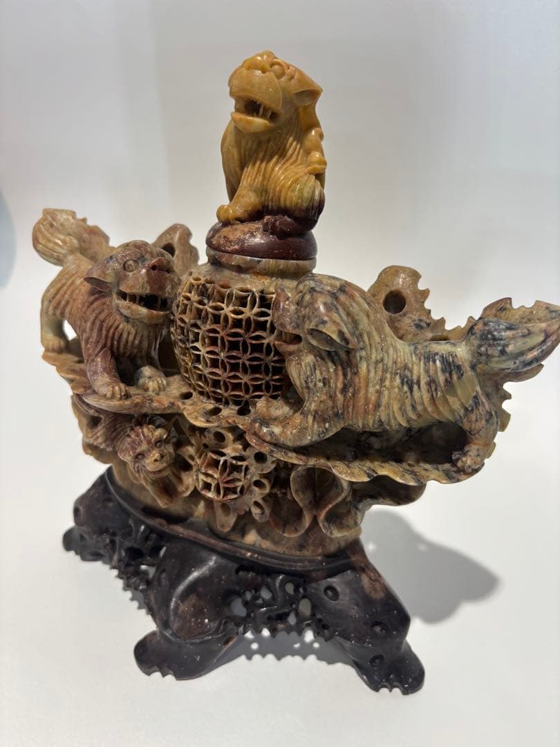 中国/獅子香炉/三頭の獅子/精密技工　/香炉（977）