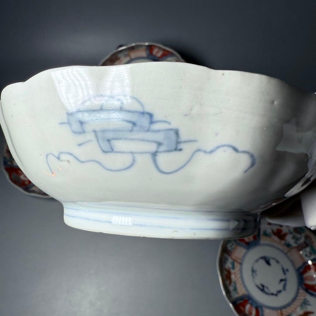 古伊万里　色絵花鳥図輪花形膾皿　松竹梅　裏巻物文様　江戸期　金蘭手　最後の五点