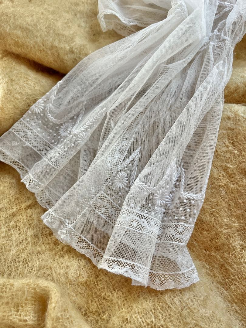 ◆フランスアンティーク｜セレモニーベビードレスB洗礼式白レース透け感テディベア