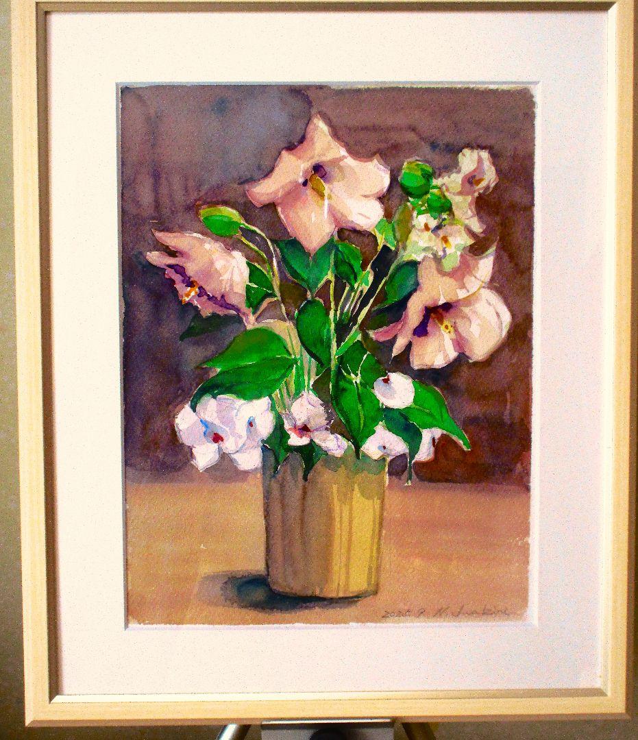 花瓶の花 水彩画 木製フレーム付き F6サイズ