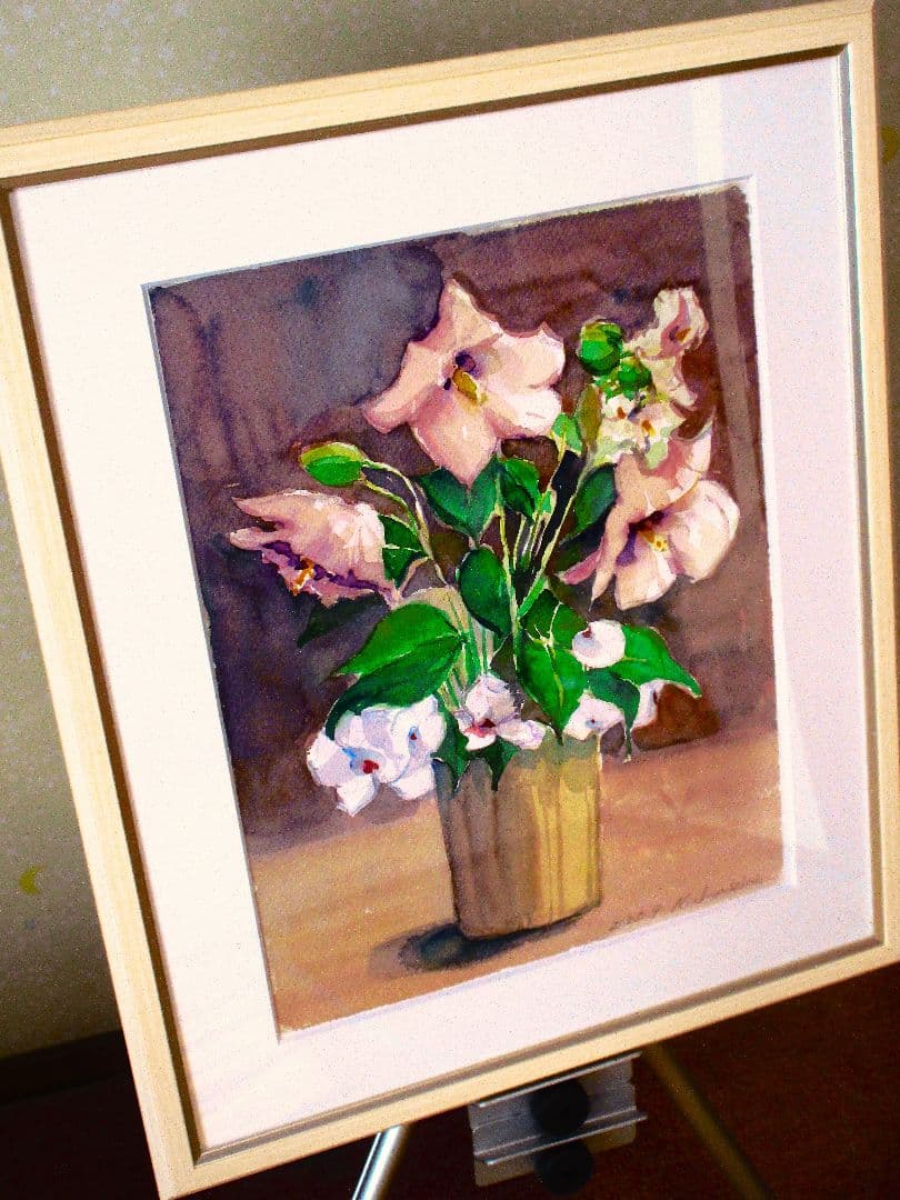 花瓶の花 水彩画 木製フレーム付き F6サイズ