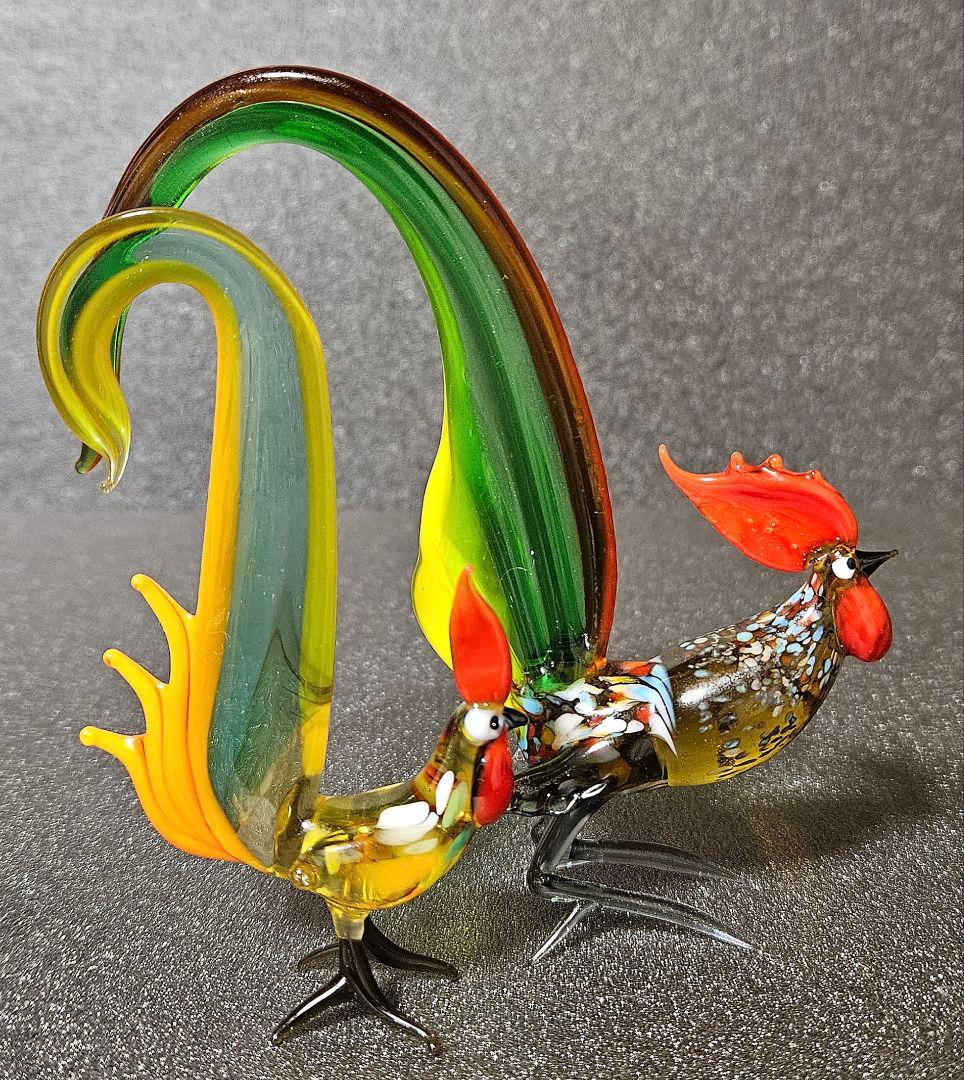 【繊細緻密なガラス細工❗】北欧アンティーク　色ガラス製　2羽のニワトリ　鶏　置物