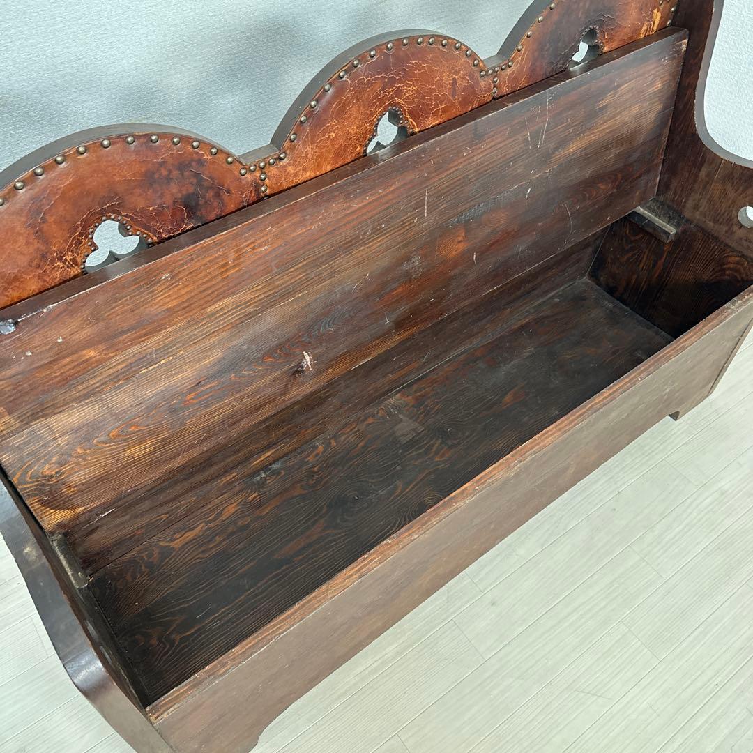 英国 アンティーク チャーチベンチ 木製 レザーシート 単鋲 iso※