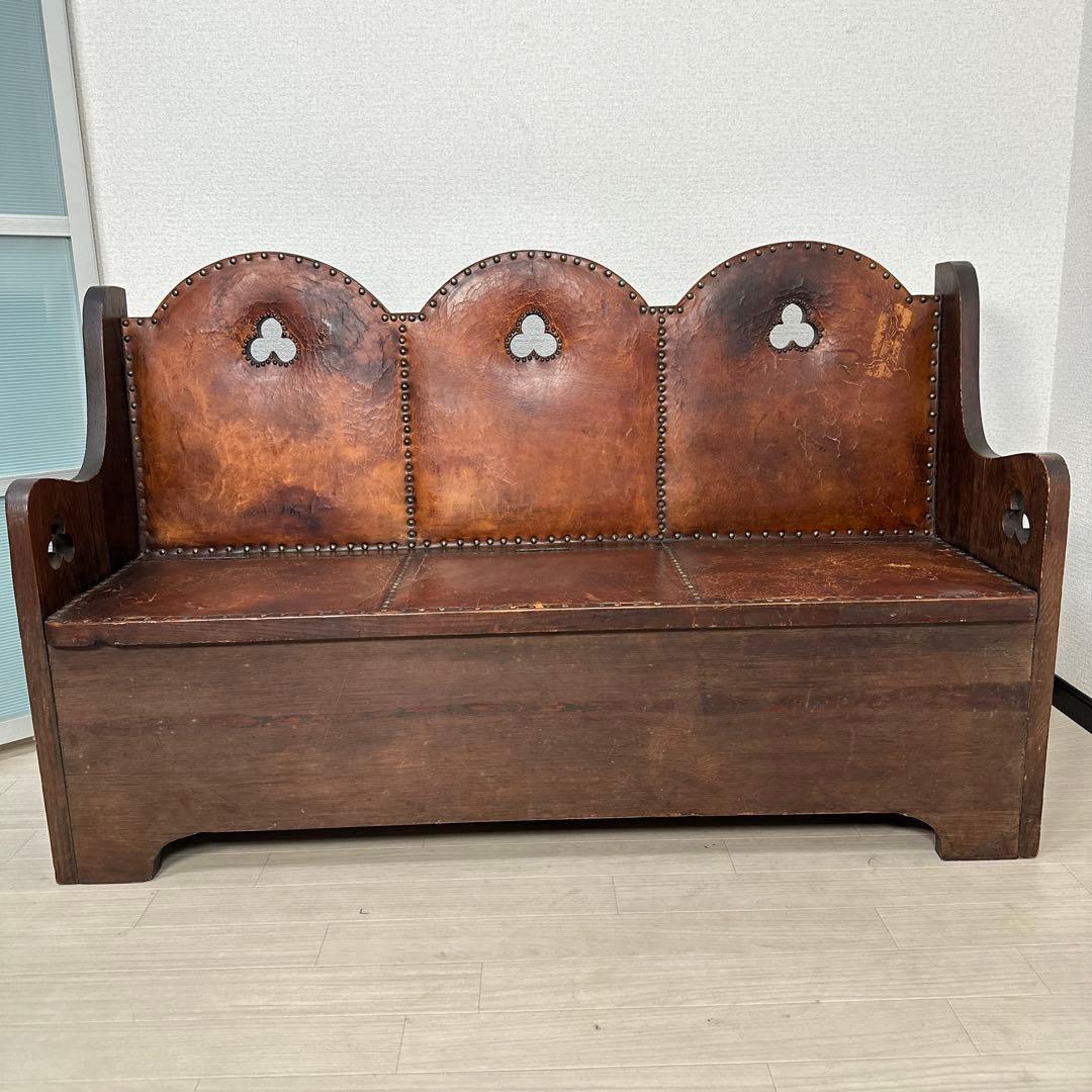 英国 アンティーク チャーチベンチ 木製 レザーシート 単鋲 iso※