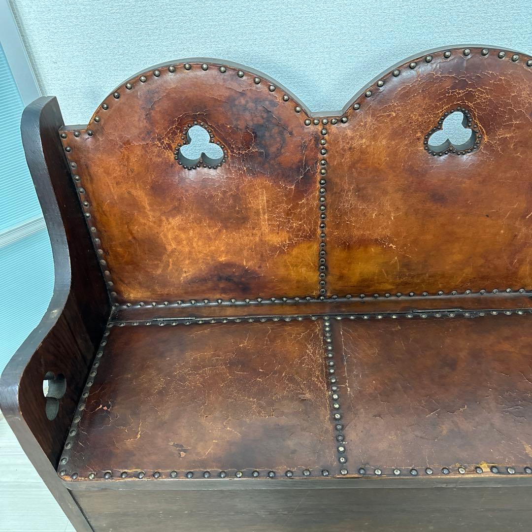 英国 アンティーク チャーチベンチ 木製 レザーシート 単鋲 iso※