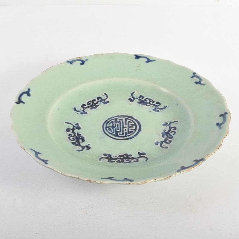 中国　成化年製　新渡　青磁　染付　輪花盤　皿　V　R8785