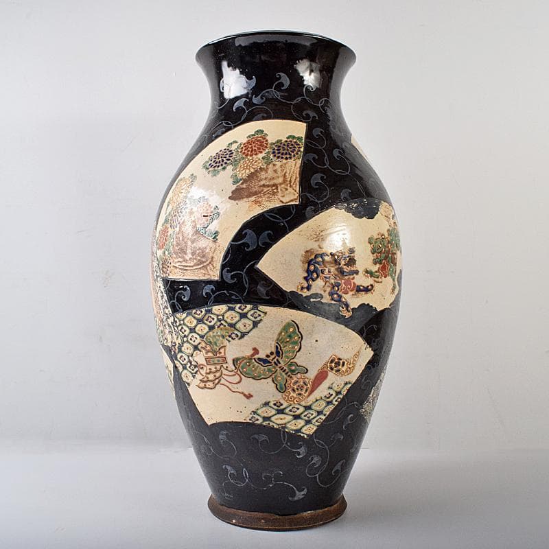 薩摩焼　古薩摩　色絵金彩　扇窓絵鳳凰獅子花文瓶　壷　高さ約45㎝　UR7915B