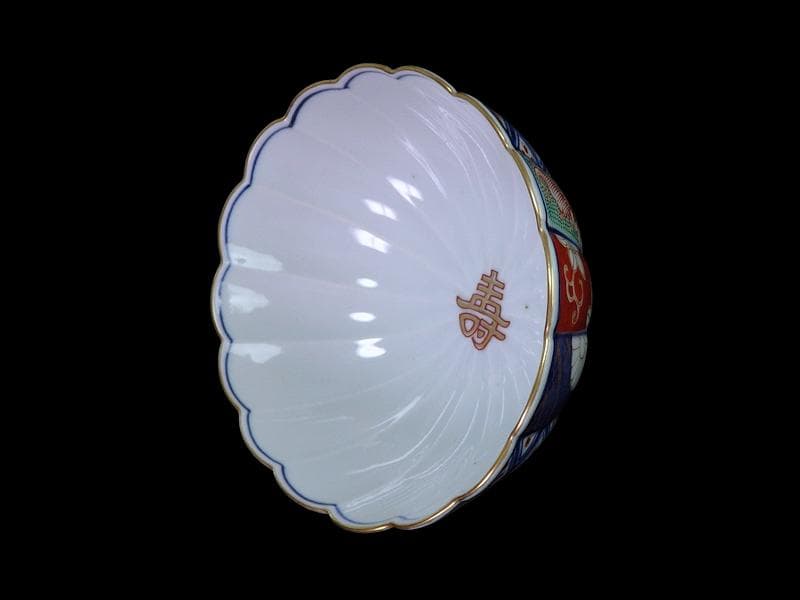 大聖寺伊万里　金襴手　寿紋に輪花楕円変形皿　大振向付　E704AS-CZk