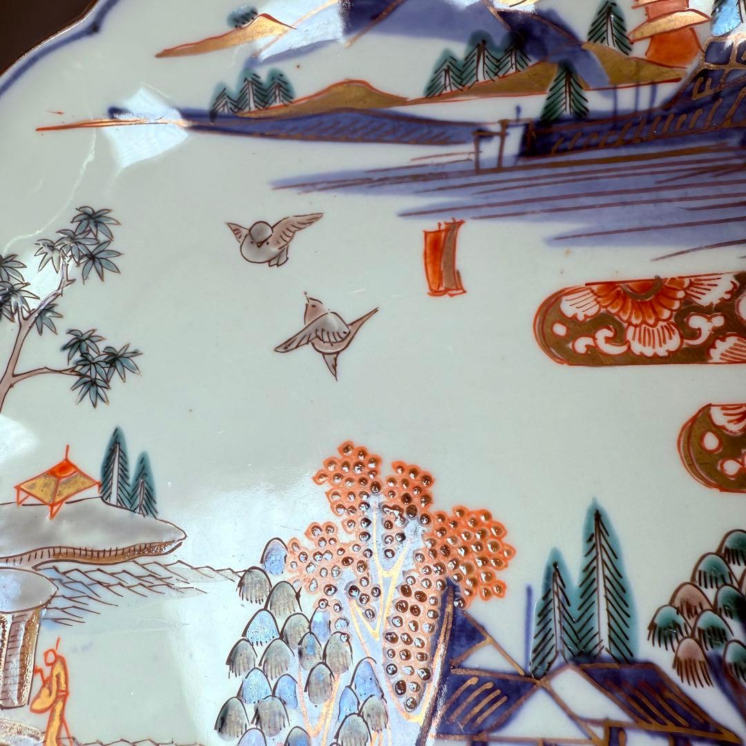 豪商家特注品　古伊万里　染錦風景画輪花型七寸皿　五客　直径21.5㎝