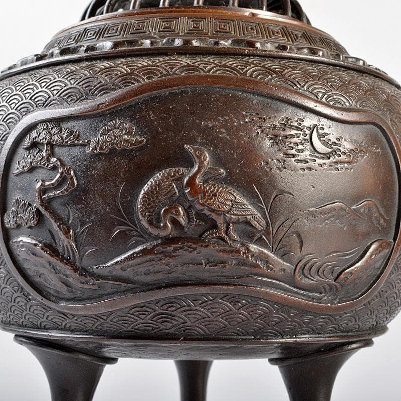 高岡銅器　米田秀保作　蝋型鋳銅　獅子摘　山水鳥文　双龍耳香炉　M　R5503