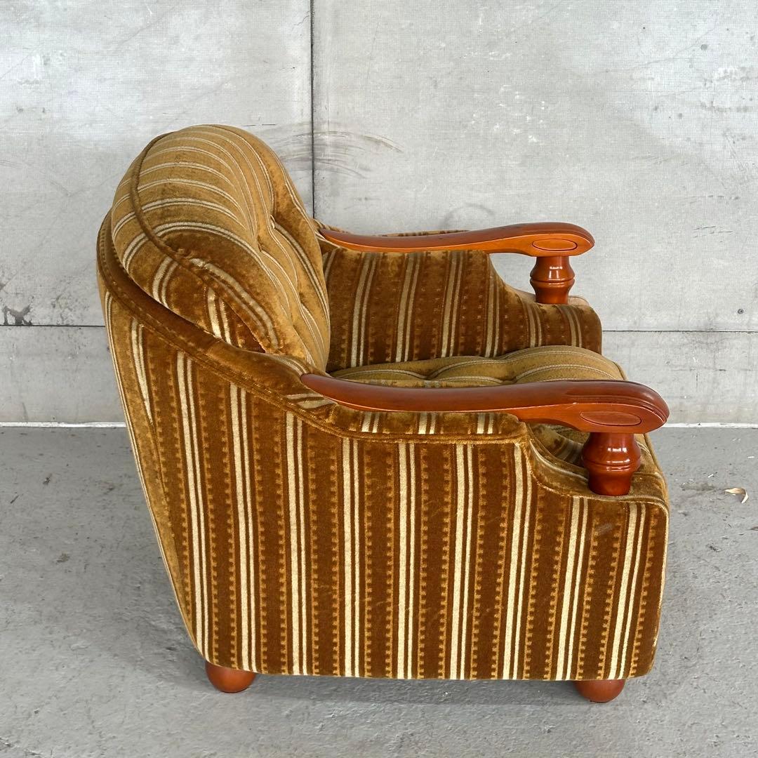 ★70s★昭和レトロ 応接ソファ｜純喫茶風 ストライプ ベロア 木肘アームチェア