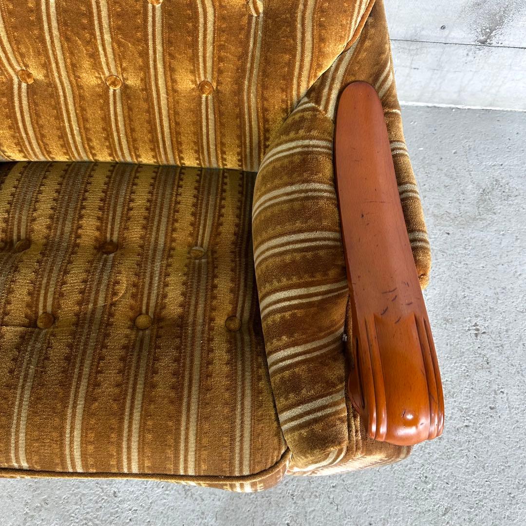 ★70s★昭和レトロ 応接ソファ｜純喫茶風 ストライプ ベロア 木肘アームチェア
