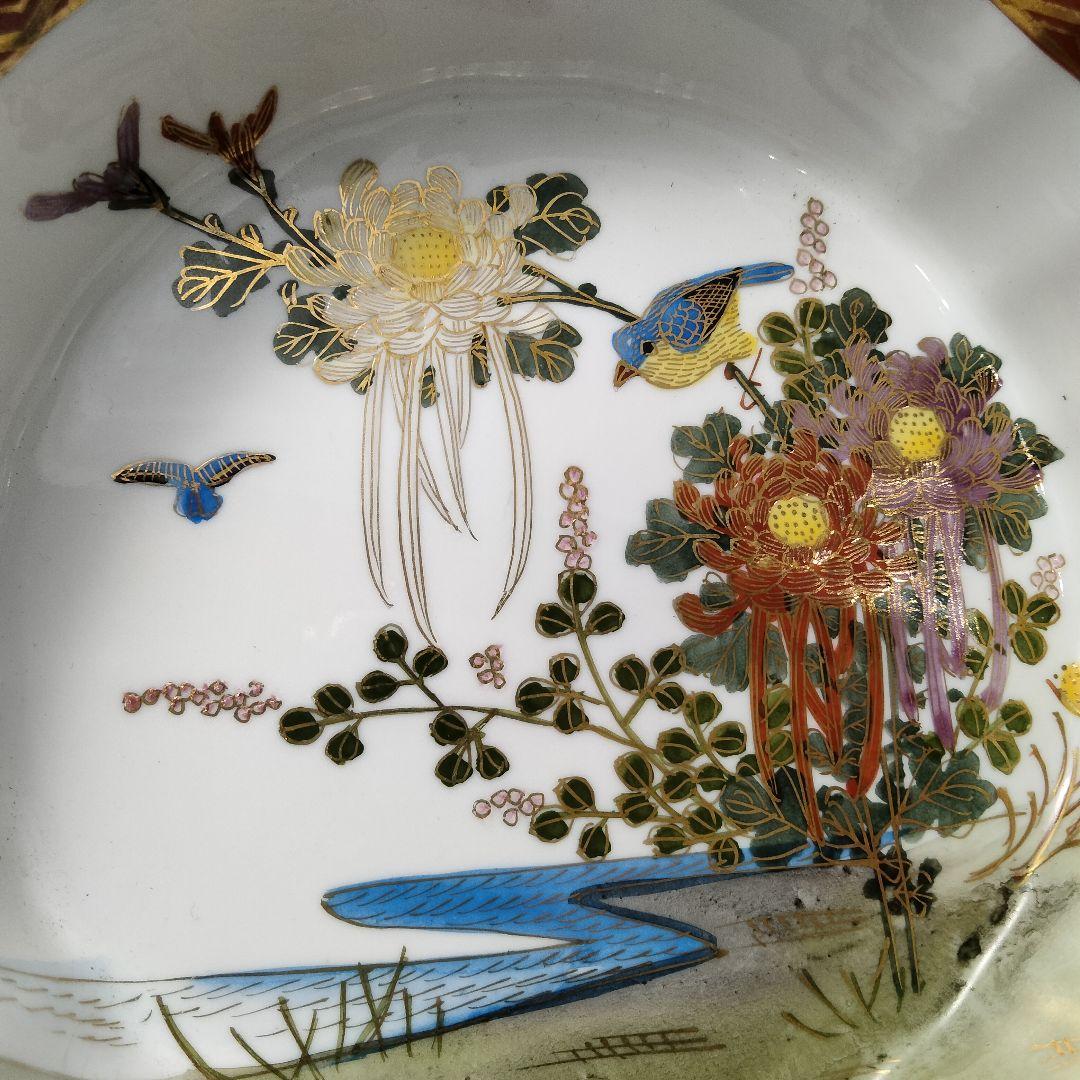 R127 江戸後期～明治期 九谷 金襴手花鳥紋オードブル皿 七点揃 時代箱付　F