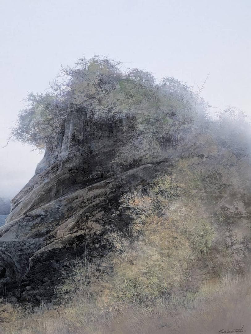 【真作】絵画　阪本修次　油彩30号　翔　叙情的風景画　岩と樹木の情景　Y157