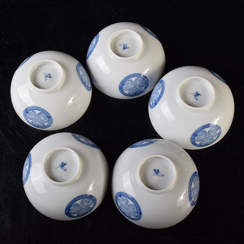 瀬戸焼　古陶園　竹鳳窯　伊藤伊平作 染付　葵紋　汲出茶碗　五客　共箱　C7352