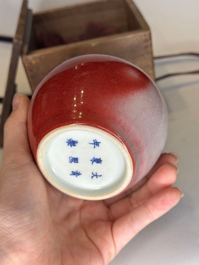 希少 清時代 大清康熙年製款 蘋果尊 朱釉 賞瓶 陶磁器 古美術 共箱 時代物