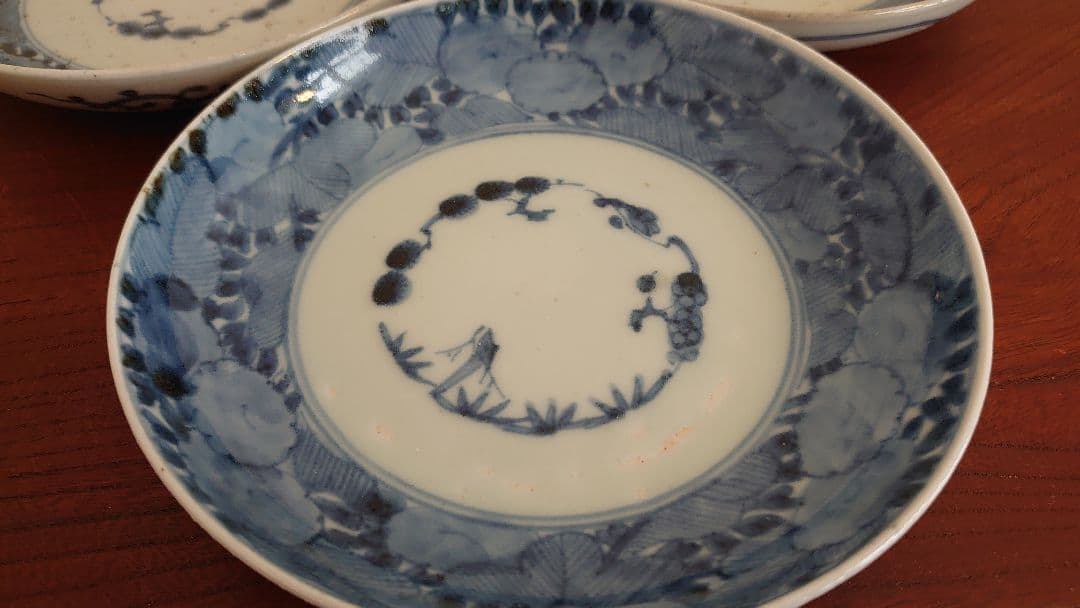 古伊万里　伊万里　松竹梅 染付 江戸期　冨貴長春　白抜き　５寸皿　３客