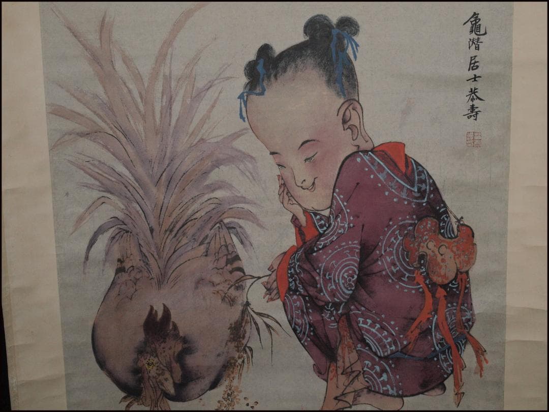 中国近代　潘功青作　肉筆絵　激安骨董品　掛け軸 古美術 AK2164A9-2