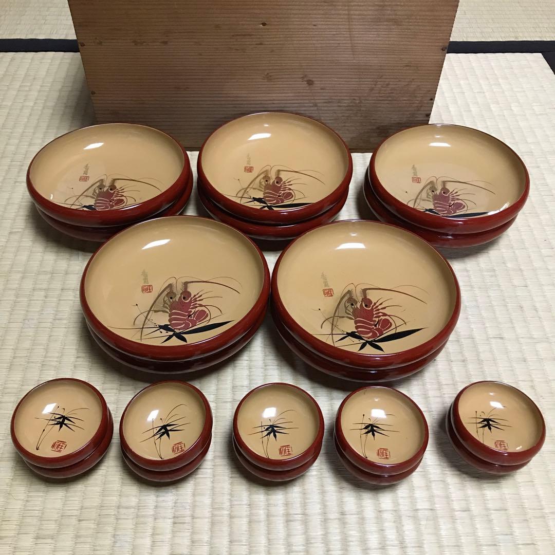 輪島塗 刺身皿10客セット漆器 エビと竹のデザインセット