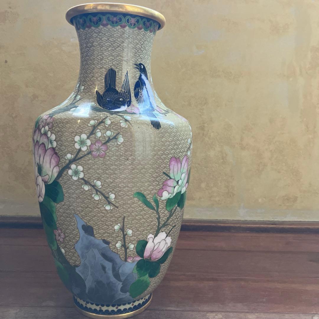 【専用】中国美術 七宝焼 金彩 花鳥図 梅に時鳥 大花瓶 花器 花詰 壺