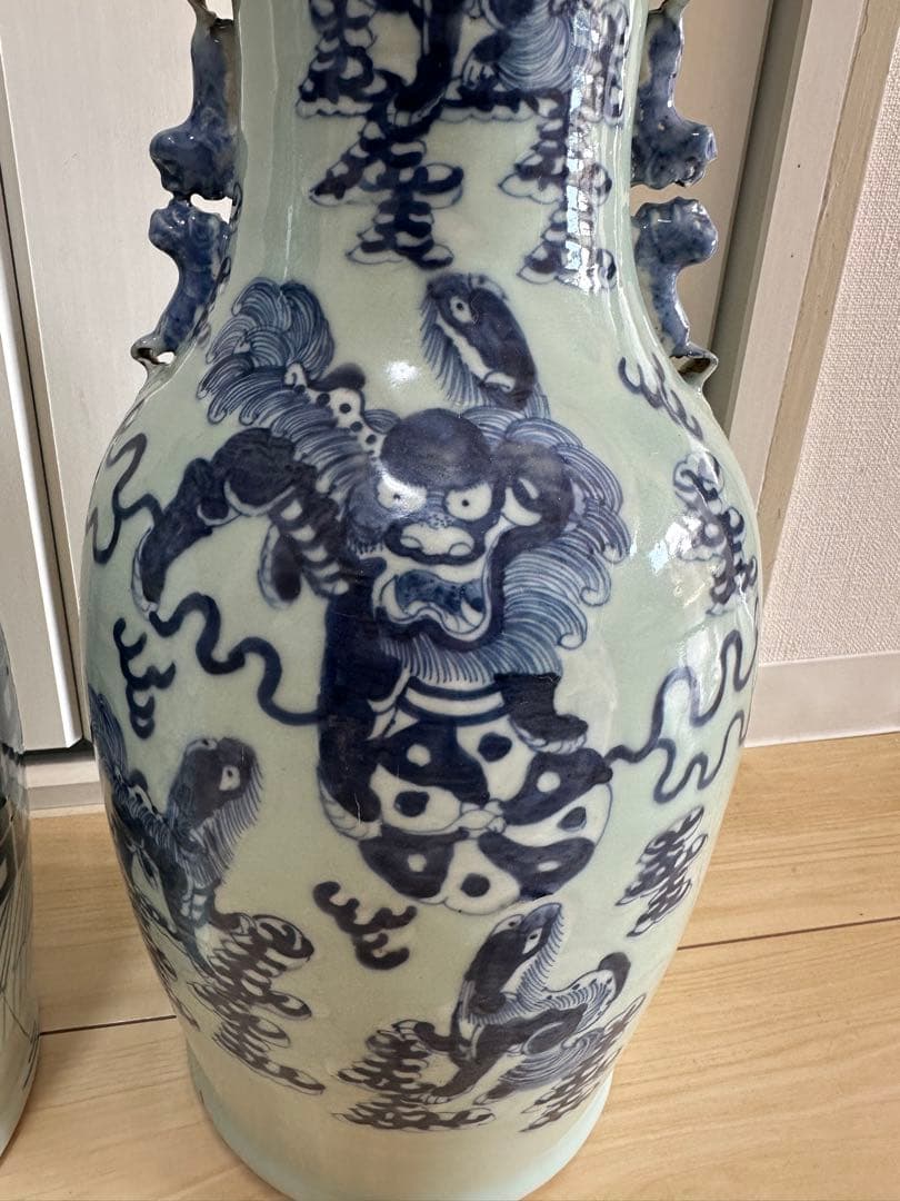清時代　染付大花瓶　青華 獅子　骨董古美術