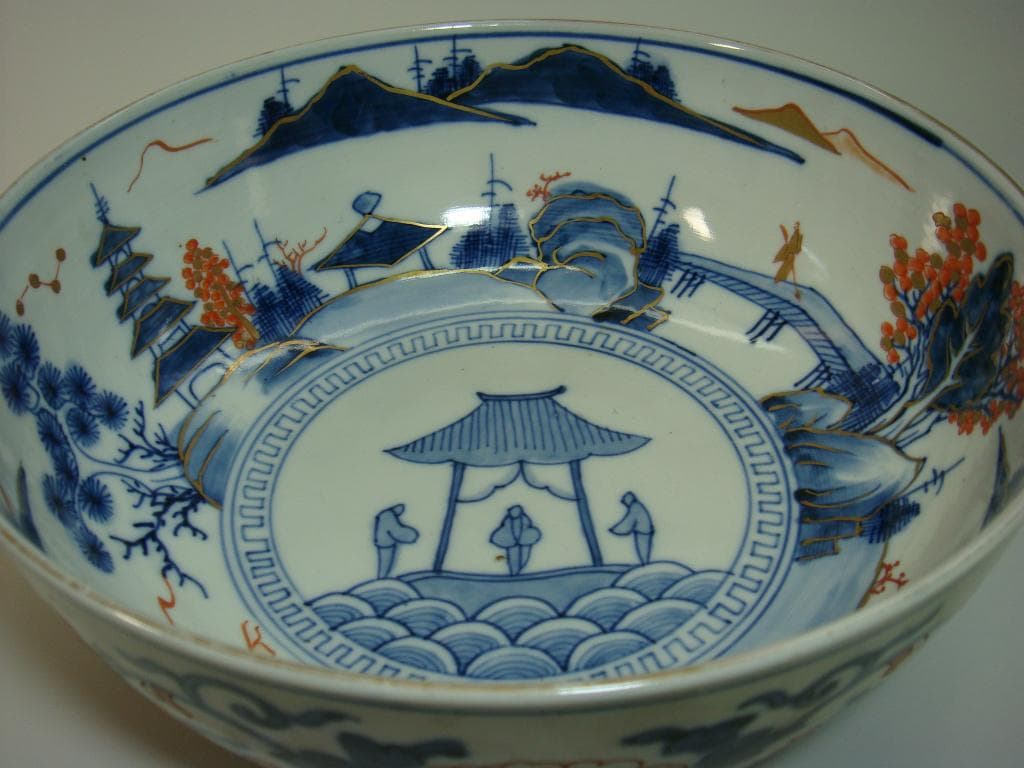 鉢■古い花唐草紋赤絵染付 青海波 五重塔 三つ鉢 時代物 骨董品（江戸後期）■